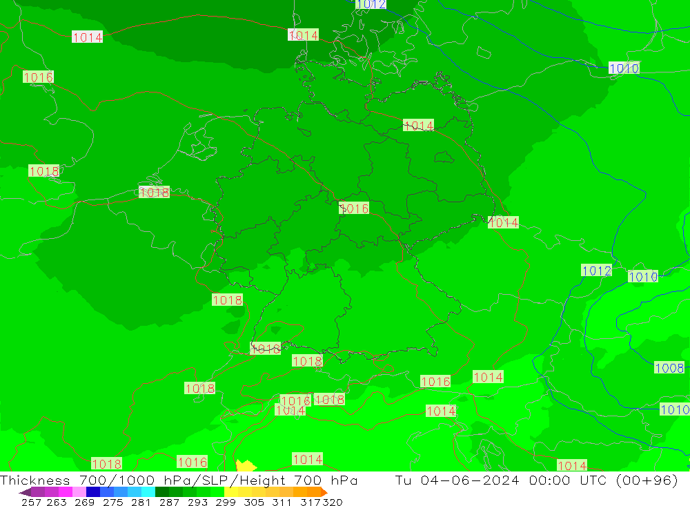 Thck 700-1000 hPa UK-Global Tu 04.06.2024 00 UTC