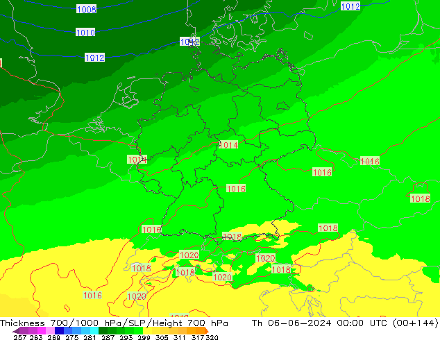 Thck 700-1000 hPa UK-Global czw. 06.06.2024 00 UTC