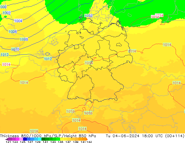 Thck 850-1000 гПа UK-Global вт 04.06.2024 18 UTC