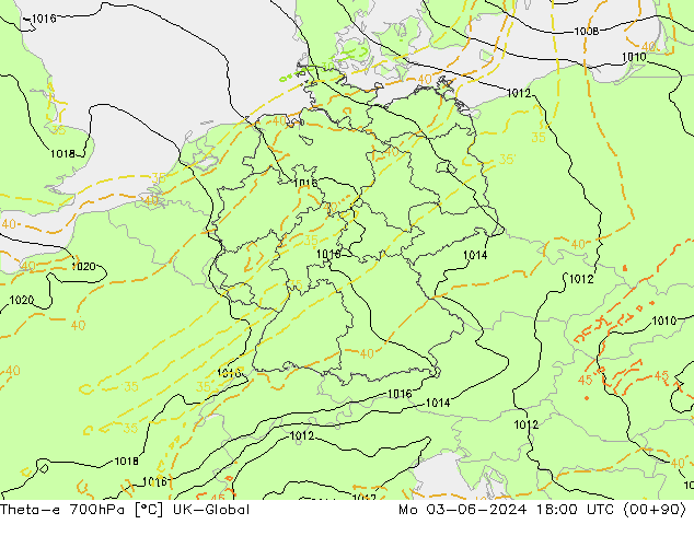 Theta-e 700hPa UK-Global Po 03.06.2024 18 UTC