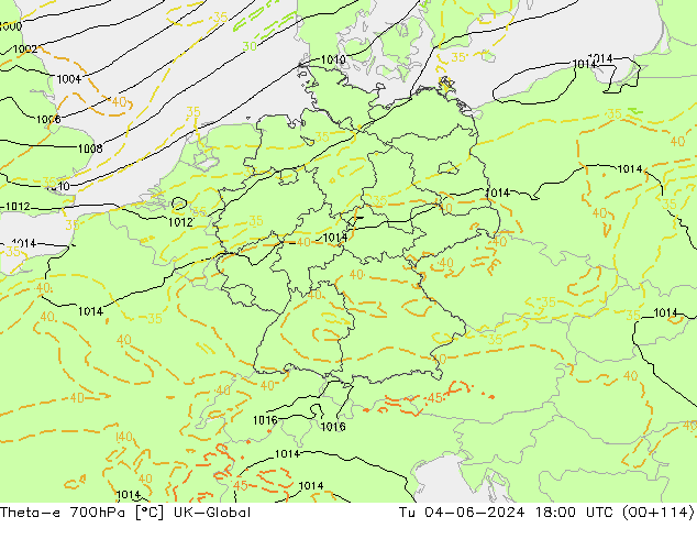 Theta-e 700hPa UK-Global Ter 04.06.2024 18 UTC