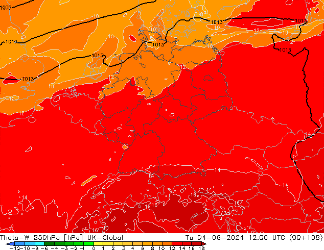 Theta-W 850hPa UK-Global Tu 04.06.2024 12 UTC