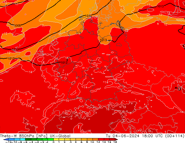 Theta-W 850hPa UK-Global Út 04.06.2024 18 UTC