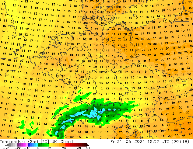 Temperaturkarte (2m) UK-Global Fr 31.05.2024 18 UTC