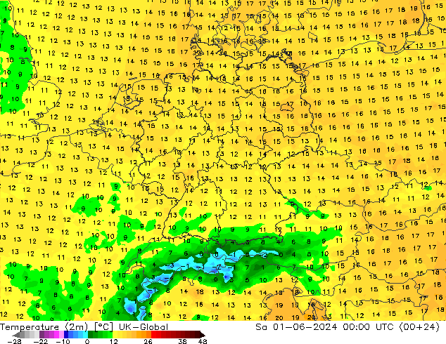 mapa temperatury (2m) UK-Global so. 01.06.2024 00 UTC