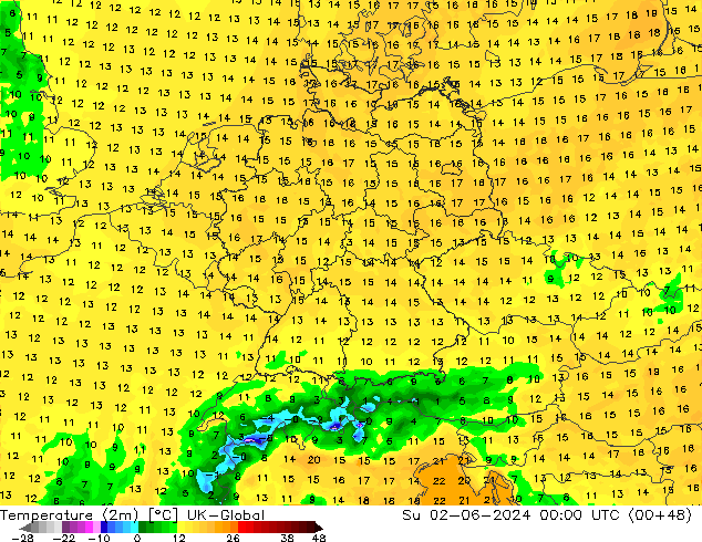 Temperaturkarte (2m) UK-Global So 02.06.2024 00 UTC