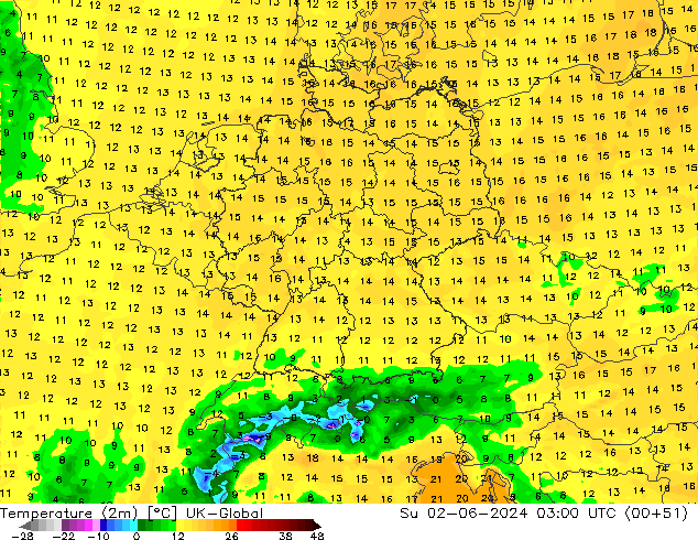 Temperaturkarte (2m) UK-Global So 02.06.2024 03 UTC