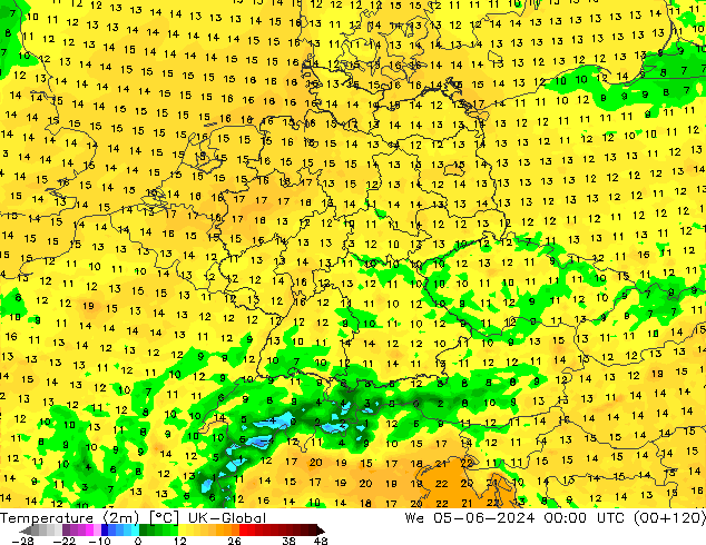 Temperatura (2m) UK-Global Qua 05.06.2024 00 UTC