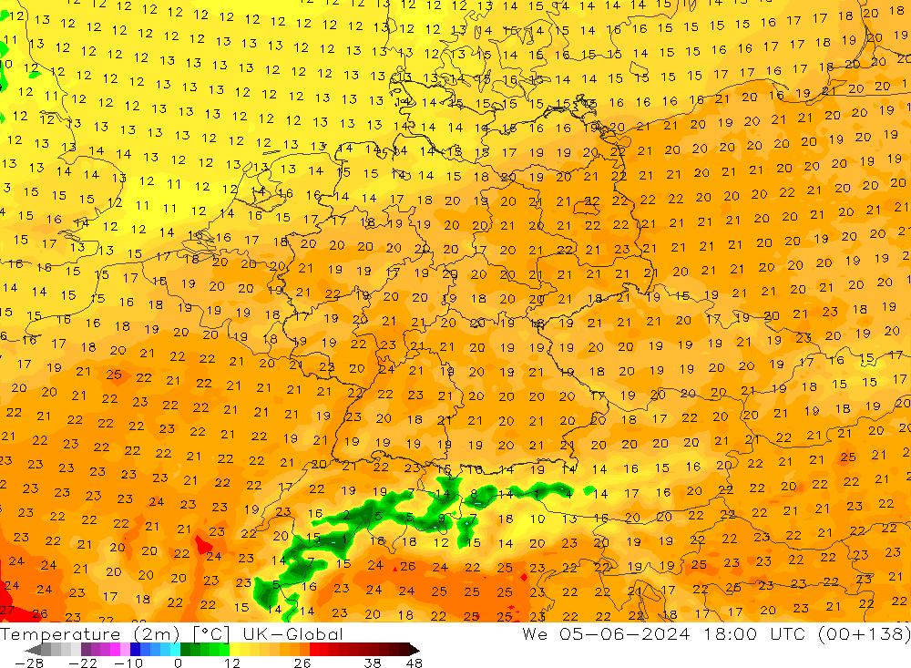 Sıcaklık Haritası (2m) UK-Global Çar 05.06.2024 18 UTC