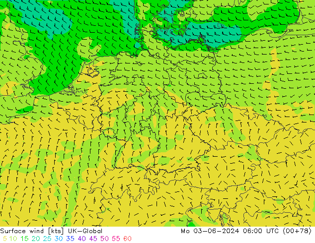 Rüzgar 10 m UK-Global Pzt 03.06.2024 06 UTC