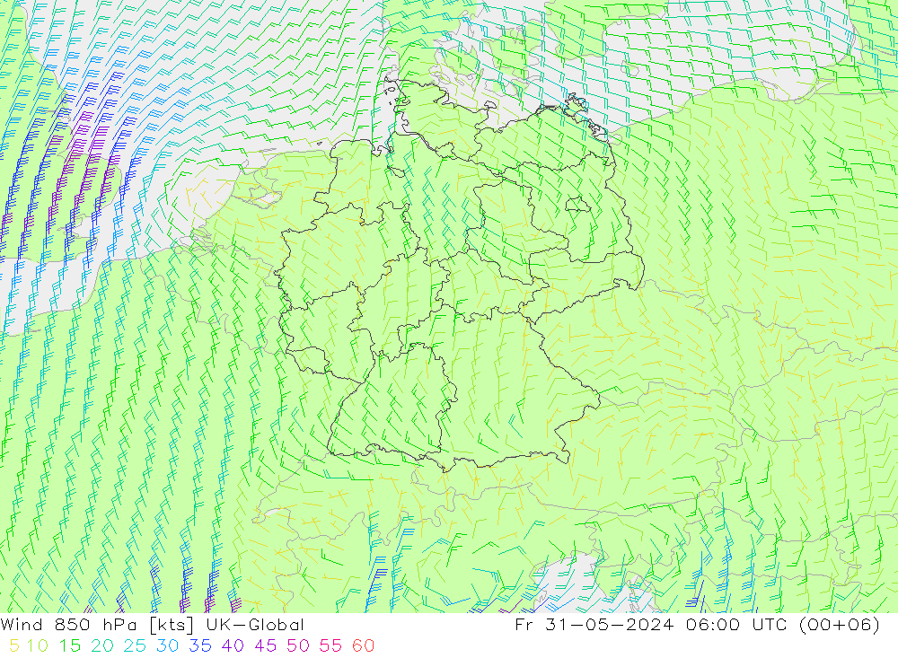 Wind 850 hPa UK-Global Fr 31.05.2024 06 UTC