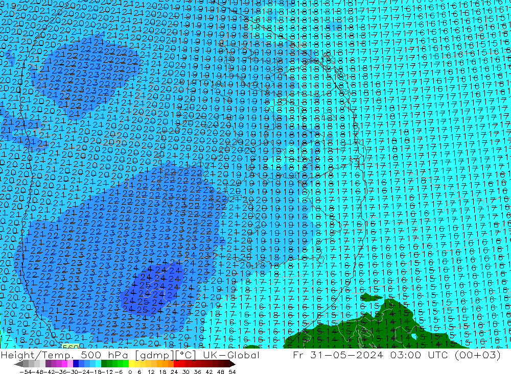 Hoogte/Temp. 500 hPa UK-Global vr 31.05.2024 03 UTC