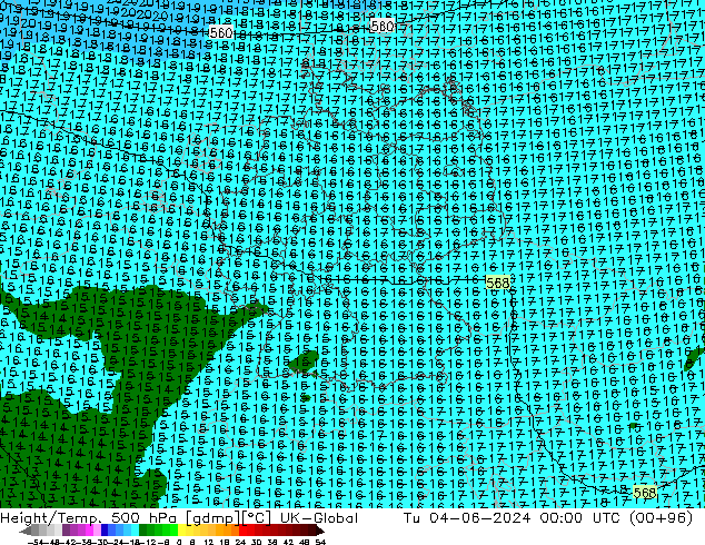 Height/Temp. 500 hPa UK-Global Tu 04.06.2024 00 UTC