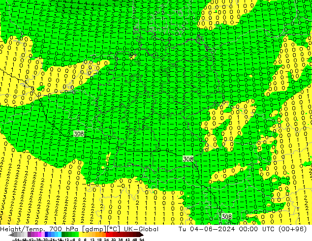 Height/Temp. 700 hPa UK-Global wto. 04.06.2024 00 UTC