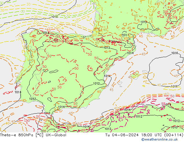 Theta-e 850hPa UK-Global Tu 04.06.2024 18 UTC