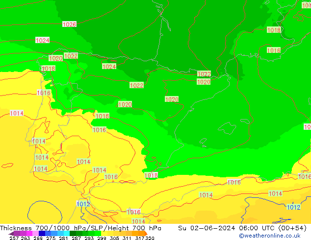 Schichtdicke 700-1000 hPa UK-Global So 02.06.2024 06 UTC