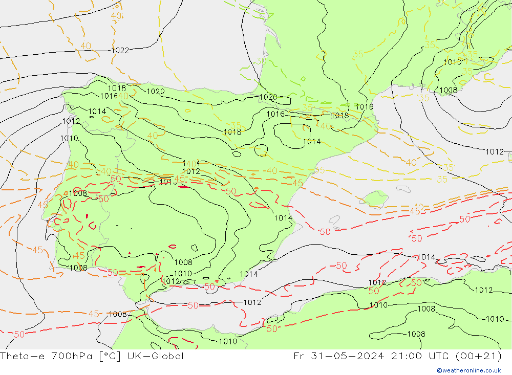 Theta-e 700hPa UK-Global vr 31.05.2024 21 UTC