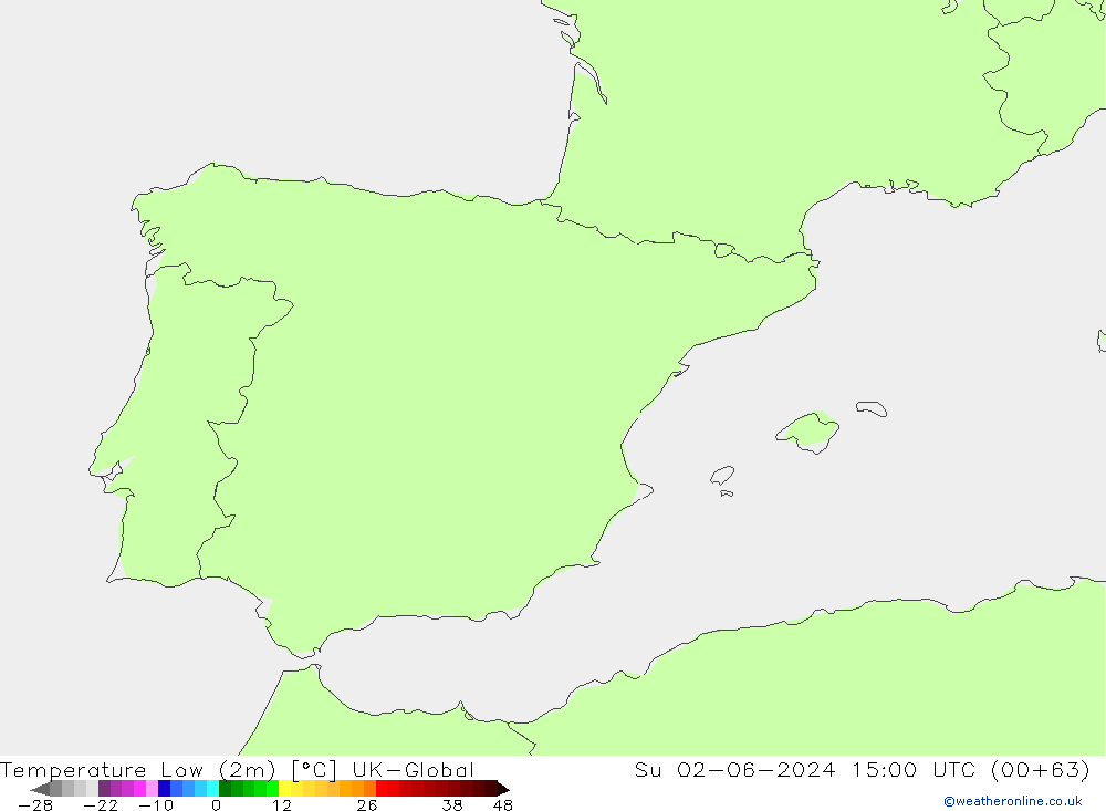 Temperature Low (2m) UK-Global Su 02.06.2024 15 UTC