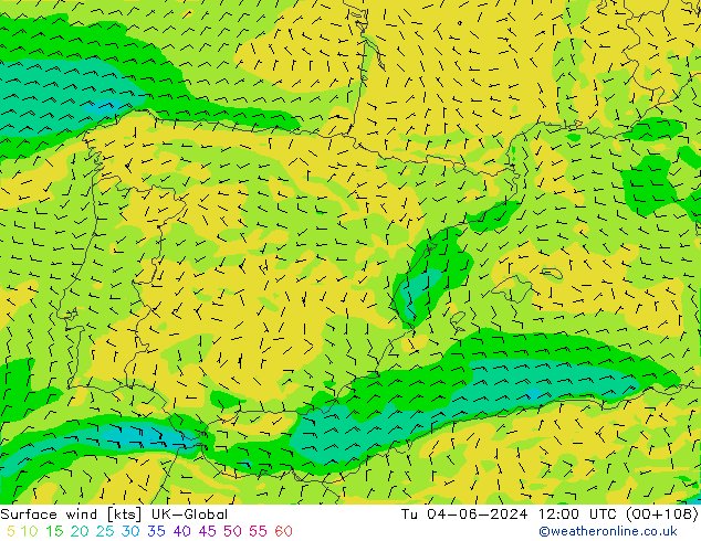 Surface wind UK-Global Tu 04.06.2024 12 UTC