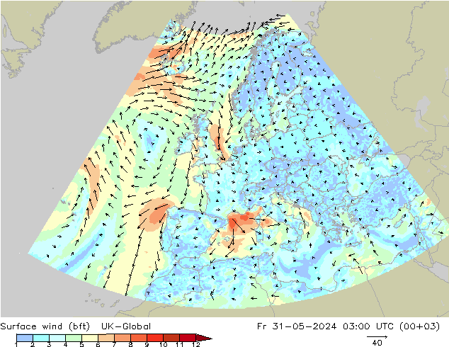 Wind 10 m (bft) UK-Global vr 31.05.2024 03 UTC