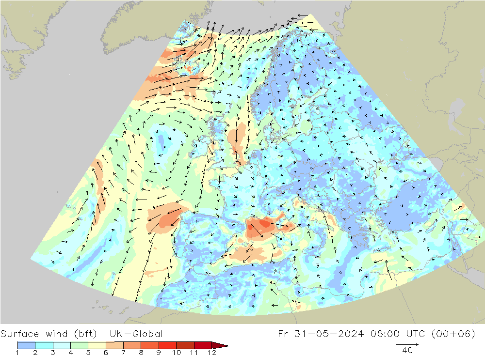 Viento 10 m (bft) UK-Global vie 31.05.2024 06 UTC