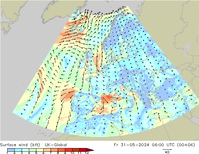 Viento 10 m (bft) UK-Global vie 31.05.2024 06 UTC