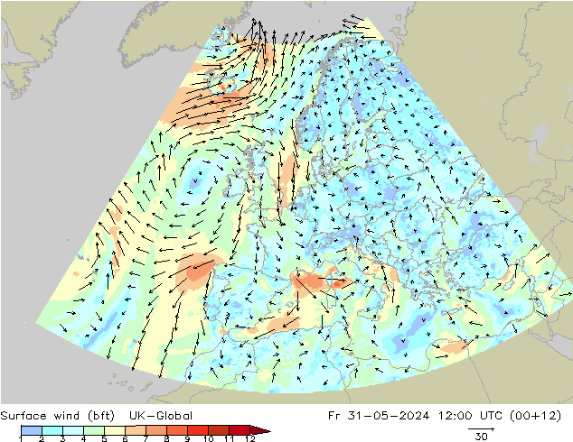 Rüzgar 10 m (bft) UK-Global Cu 31.05.2024 12 UTC