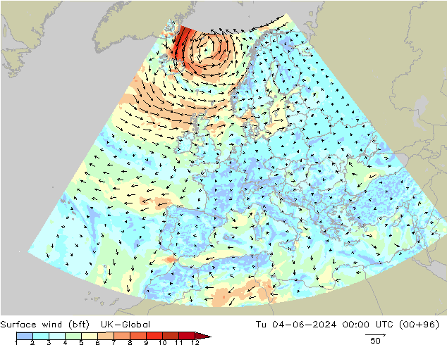 Vento 10 m (bft) UK-Global Ter 04.06.2024 00 UTC