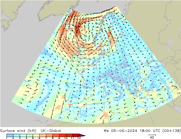 Vento 10 m (bft) UK-Global mer 05.06.2024 18 UTC