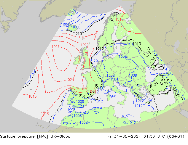 Pressione al suolo UK-Global ven 31.05.2024 01 UTC