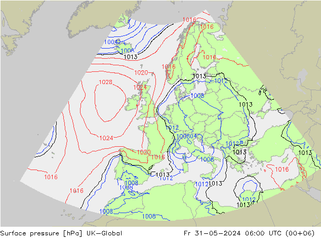 Pressione al suolo UK-Global ven 31.05.2024 06 UTC