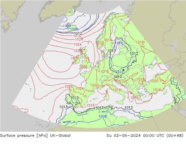 Pressione al suolo UK-Global dom 02.06.2024 00 UTC