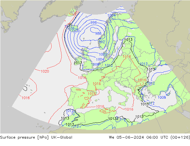 Atmosférický tlak UK-Global St 05.06.2024 06 UTC