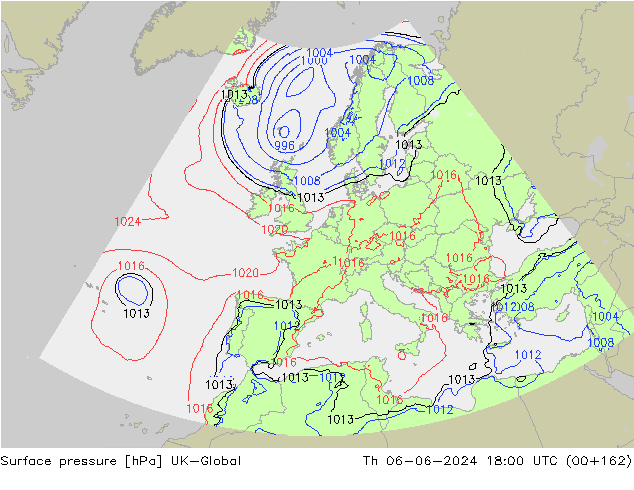 Presión superficial UK-Global jue 06.06.2024 18 UTC