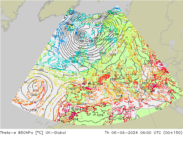 Theta-e 850hPa UK-Global do 06.06.2024 06 UTC