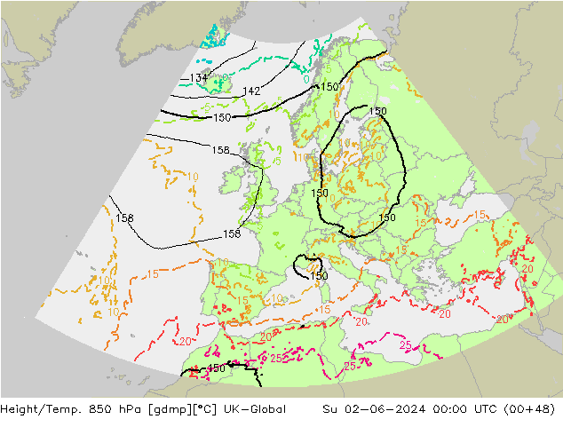 Height/Temp. 850 hPa UK-Global Su 02.06.2024 00 UTC