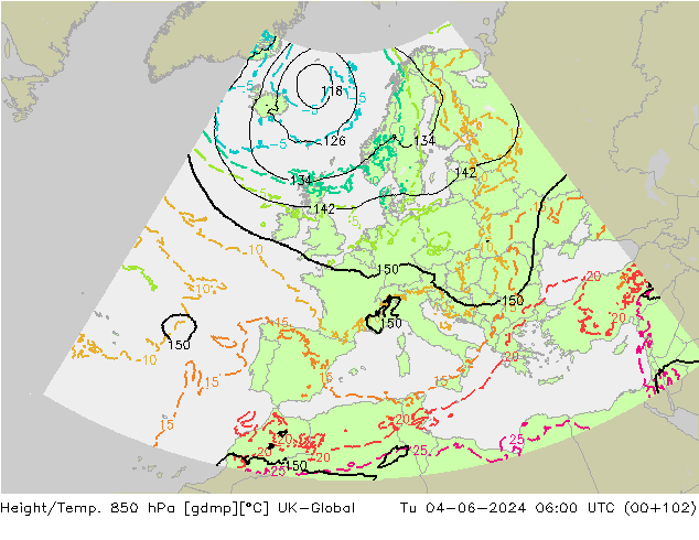 Yükseklik/Sıc. 850 hPa UK-Global Sa 04.06.2024 06 UTC