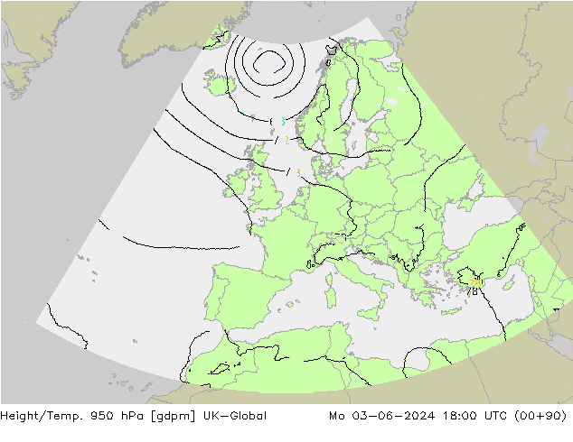 Height/Temp. 950 hPa UK-Global Mo 03.06.2024 18 UTC