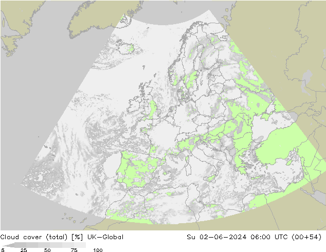 Cloud cover (total) UK-Global Ne 02.06.2024 06 UTC