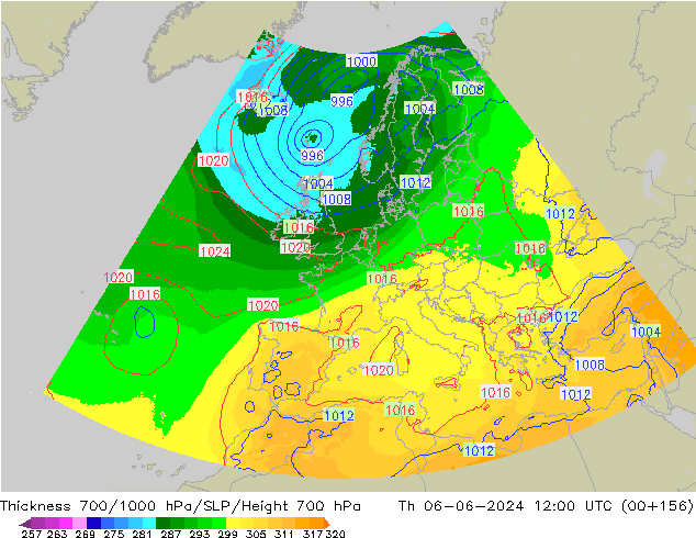 700-1000 hPa Kalınlığı UK-Global Per 06.06.2024 12 UTC