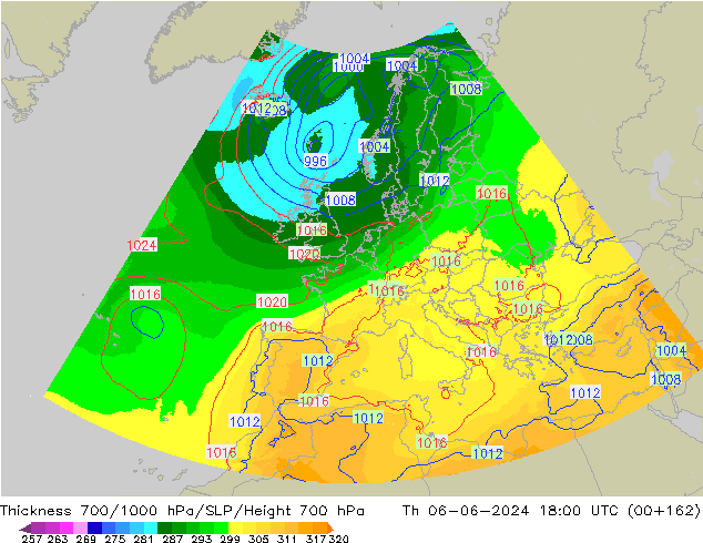 Thck 700-1000 hPa UK-Global Th 06.06.2024 18 UTC