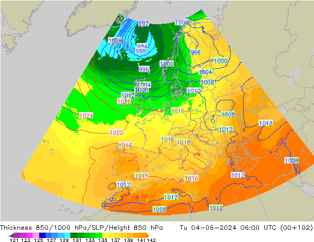 Dikte 850-1000 hPa UK-Global di 04.06.2024 06 UTC