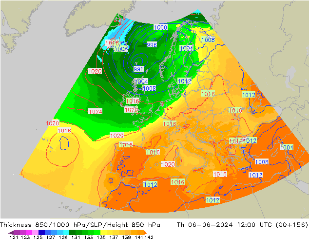Thck 850-1000 hPa UK-Global Čt 06.06.2024 12 UTC