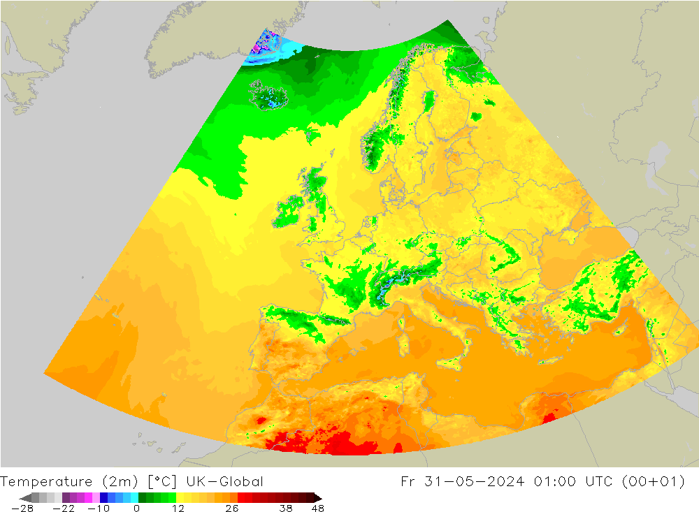 Temperatura (2m) UK-Global ven 31.05.2024 01 UTC