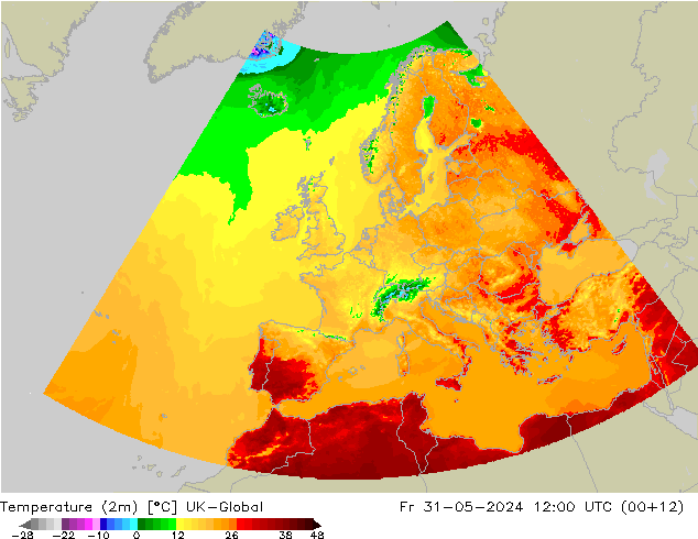 Temperature (2m) UK-Global Fr 31.05.2024 12 UTC