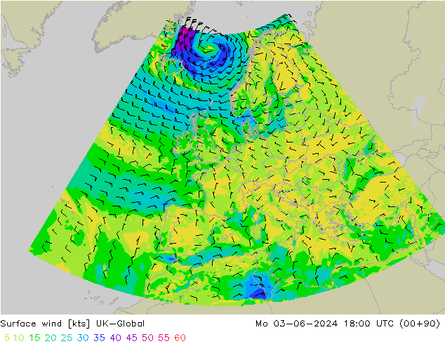 Surface wind UK-Global Mo 03.06.2024 18 UTC
