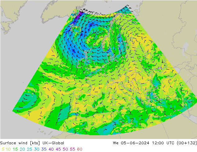 Vento 10 m UK-Global mer 05.06.2024 12 UTC