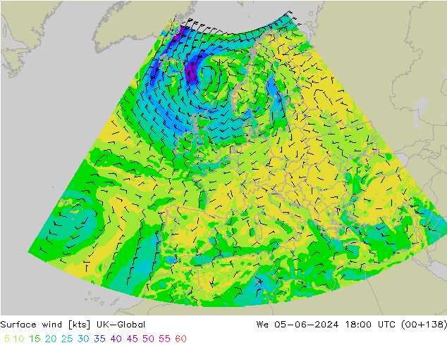 Vento 10 m UK-Global mer 05.06.2024 18 UTC