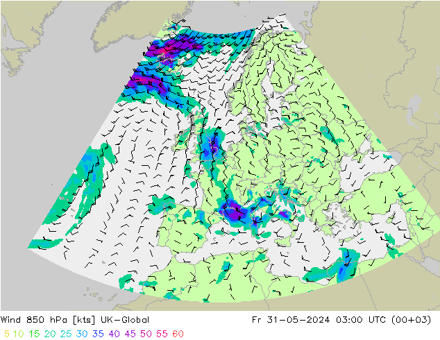 Wind 850 hPa UK-Global Pá 31.05.2024 03 UTC