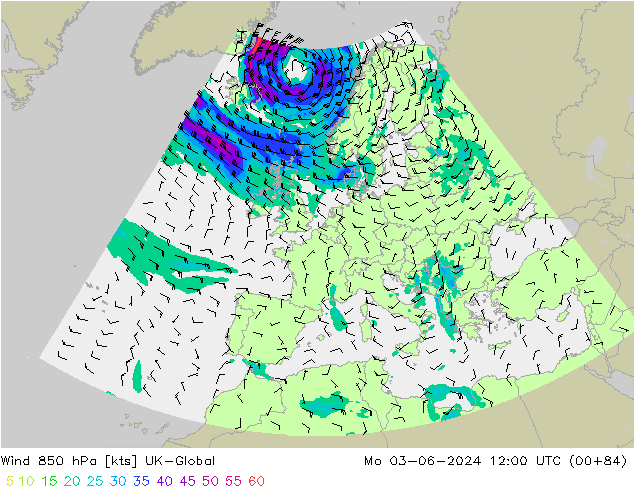 Vento 850 hPa UK-Global lun 03.06.2024 12 UTC